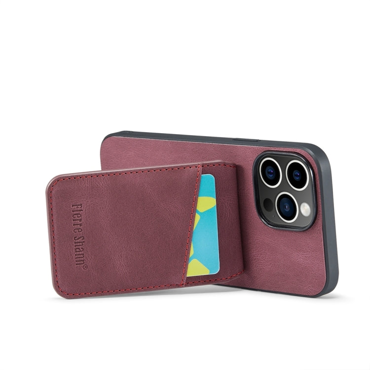 For iPhone 15 Pro Fierre Shann Crazy Horse Card Holder Back Cover PU Phone Case(Wine Red) by FIERRE SHANN