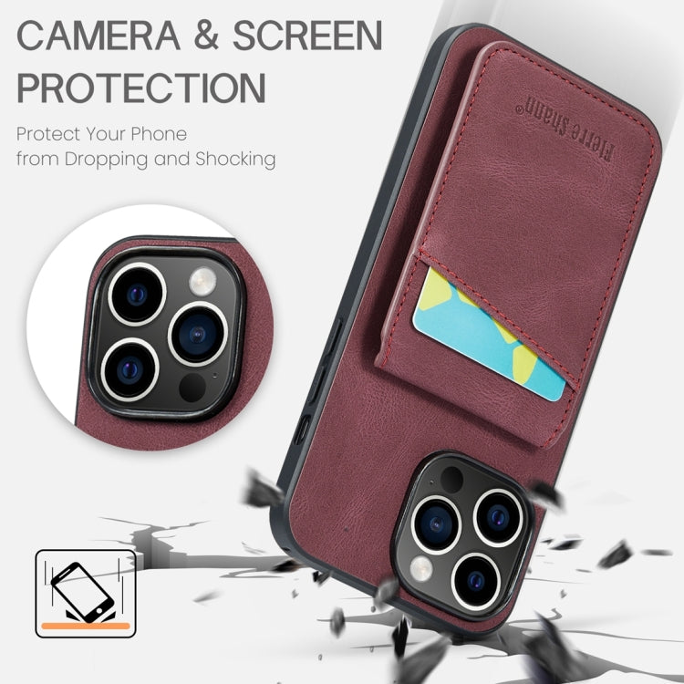 For iPhone 15 Pro Fierre Shann Crazy Horse Card Holder Back Cover PU Phone Case(Wine Red) by FIERRE SHANN