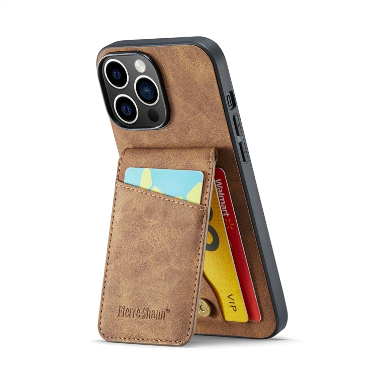 For iPhone 15 Pro Fierre Shann Crazy Horse Card Holder Back Cover PU Phone Case(Brown) by FIERRE SHANN