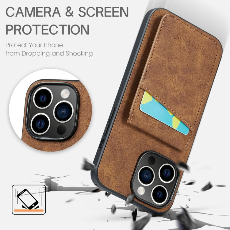 For iPhone 15 Pro Fierre Shann Crazy Horse Card Holder Back Cover PU Phone Case(Brown) by FIERRE SHANN