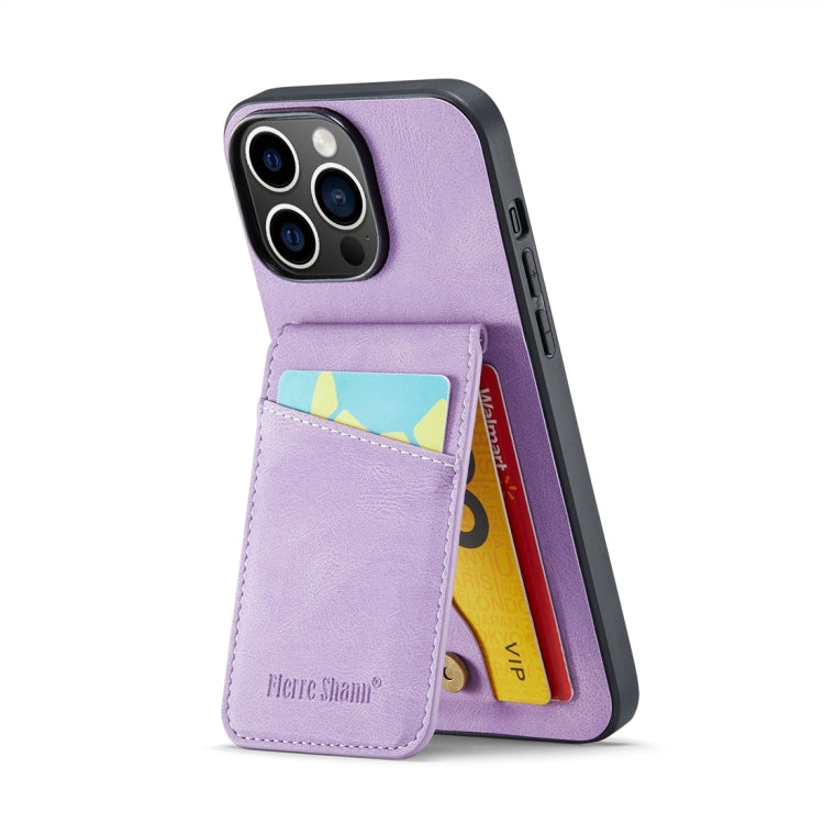 For iPhone 15 Pro Fierre Shann Crazy Horse Card Holder Back Cover PU Phone Case(Purple) by FIERRE SHANN
