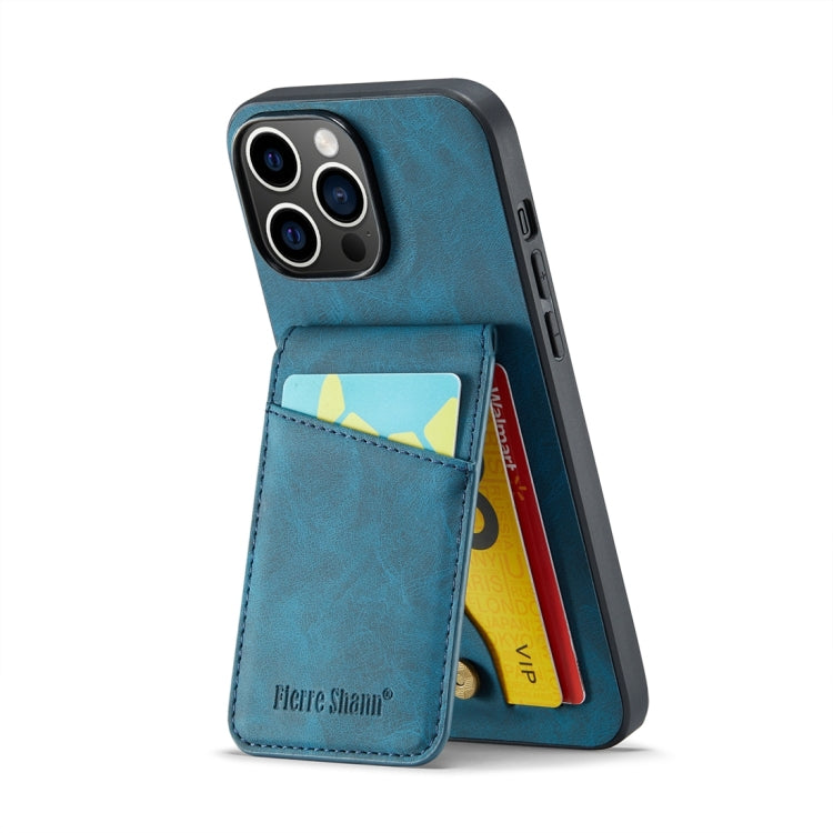 For iPhone 15 Pro Fierre Shann Crazy Horse Card Holder Back Cover PU Phone Case(Blue) by FIERRE SHANN