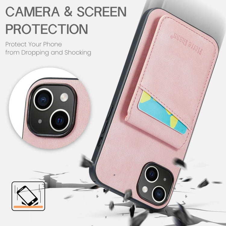 For iPhone 15 Plus Fierre Shann Crazy Horse Card Holder Back Cover PU Phone Case(Pink) by FIERRE SHANN
