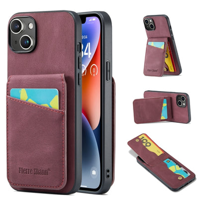 For iPhone 15 Plus Fierre Shann Crazy Horse Card Holder Back Cover PU Phone Case(Wine Red) by FIERRE SHANN