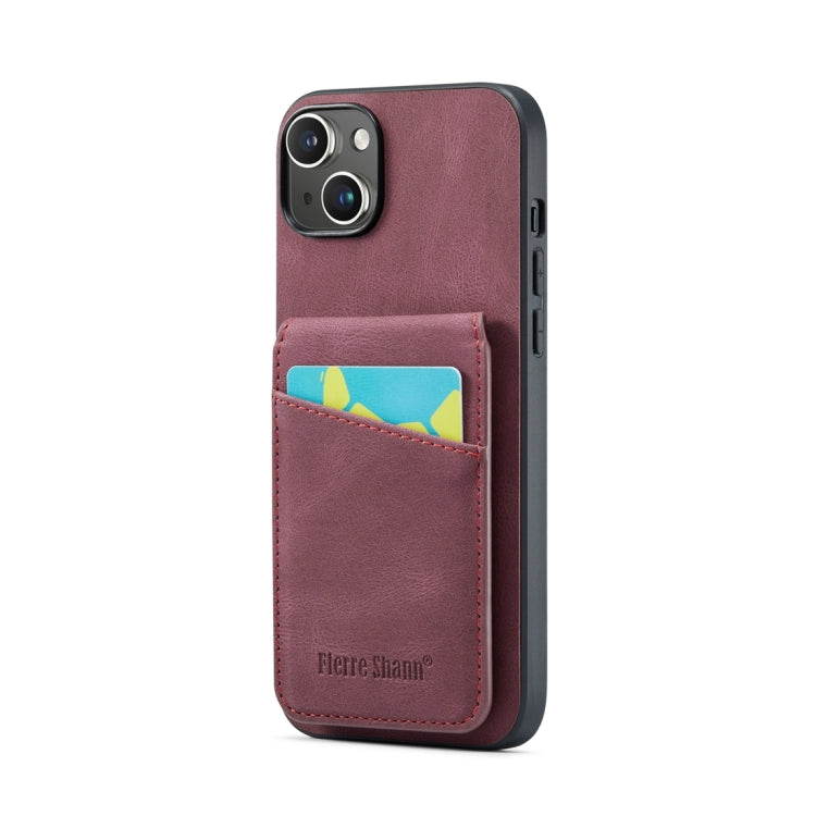 For iPhone 15 Plus Fierre Shann Crazy Horse Card Holder Back Cover PU Phone Case(Wine Red) by FIERRE SHANN