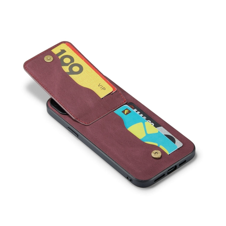 For iPhone 15 Plus Fierre Shann Crazy Horse Card Holder Back Cover PU Phone Case(Wine Red) by FIERRE SHANN