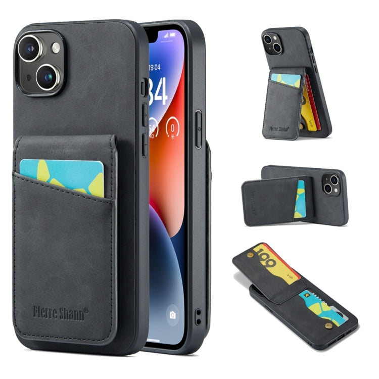 For iPhone 15 Plus Fierre Shann Crazy Horse Card Holder Back Cover PU Phone Case(Black) by FIERRE SHANN
