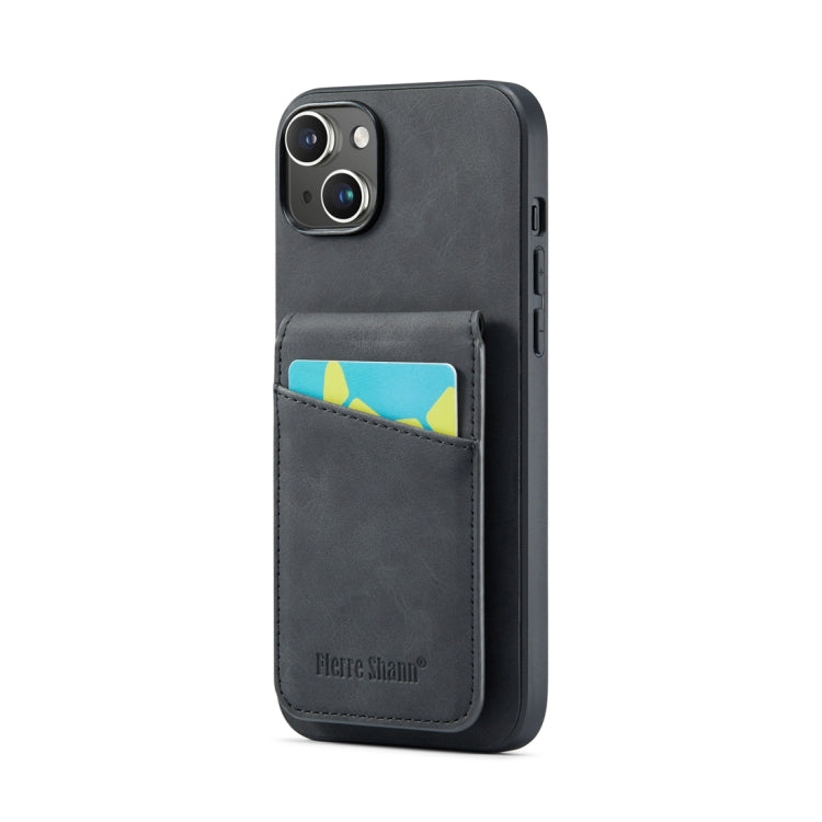 For iPhone 15 Plus Fierre Shann Crazy Horse Card Holder Back Cover PU Phone Case(Black) by FIERRE SHANN