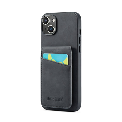 For iPhone 15 Plus Fierre Shann Crazy Horse Card Holder Back Cover PU Phone Case(Black) by FIERRE SHANN