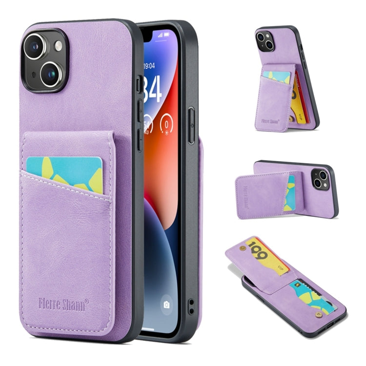 For iPhone 15 Plus Fierre Shann Crazy Horse Card Holder Back Cover PU Phone Case(Purple) by FIERRE SHANN