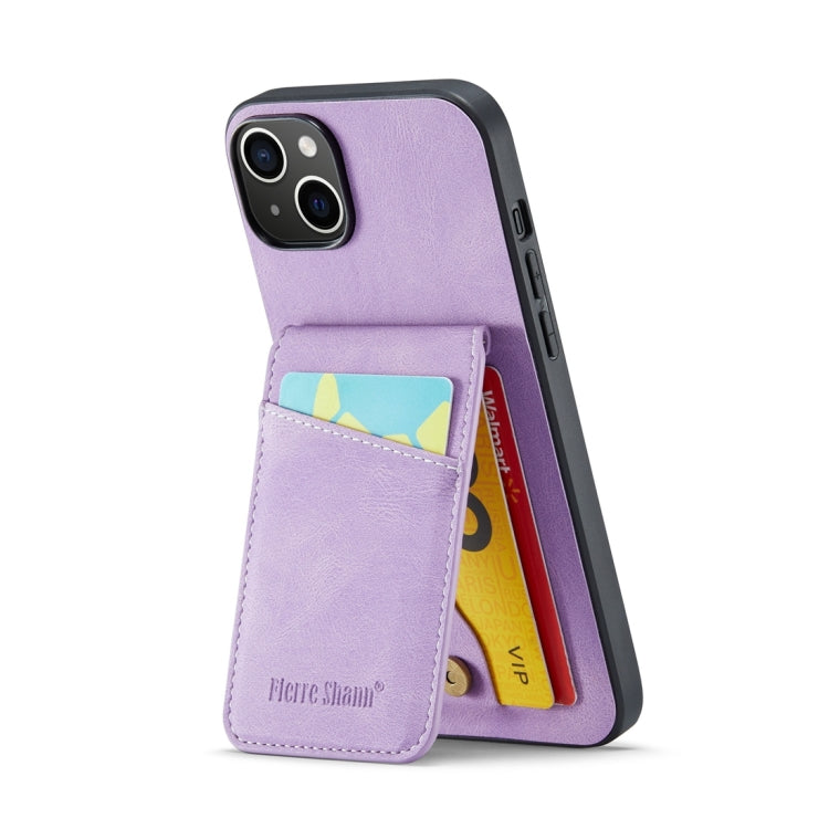 For iPhone 15 Plus Fierre Shann Crazy Horse Card Holder Back Cover PU Phone Case(Purple) by FIERRE SHANN