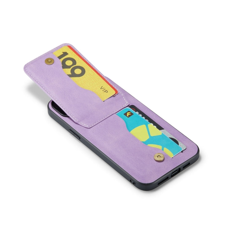 For iPhone 15 Plus Fierre Shann Crazy Horse Card Holder Back Cover PU Phone Case(Purple) by FIERRE SHANN