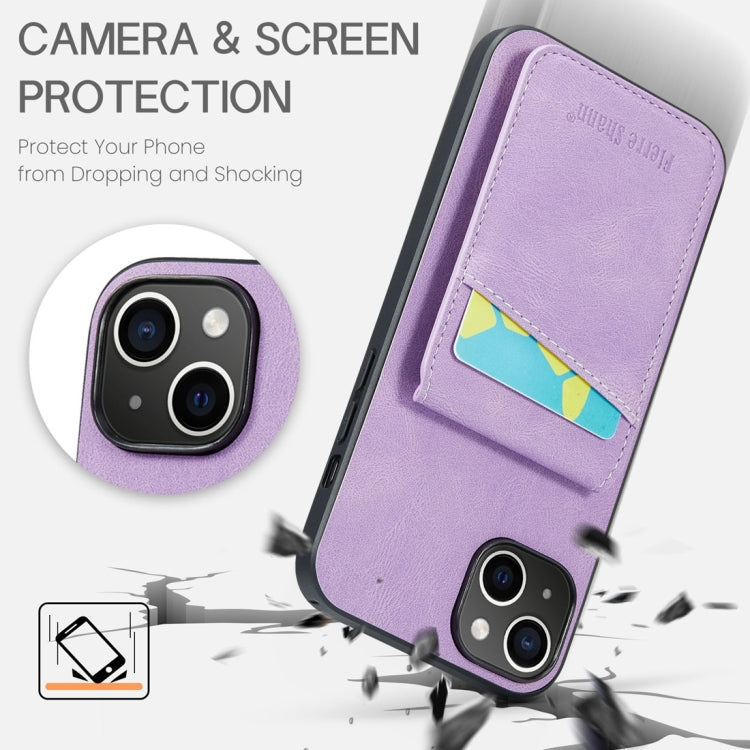 For iPhone 15 Plus Fierre Shann Crazy Horse Card Holder Back Cover PU Phone Case(Purple) by FIERRE SHANN
