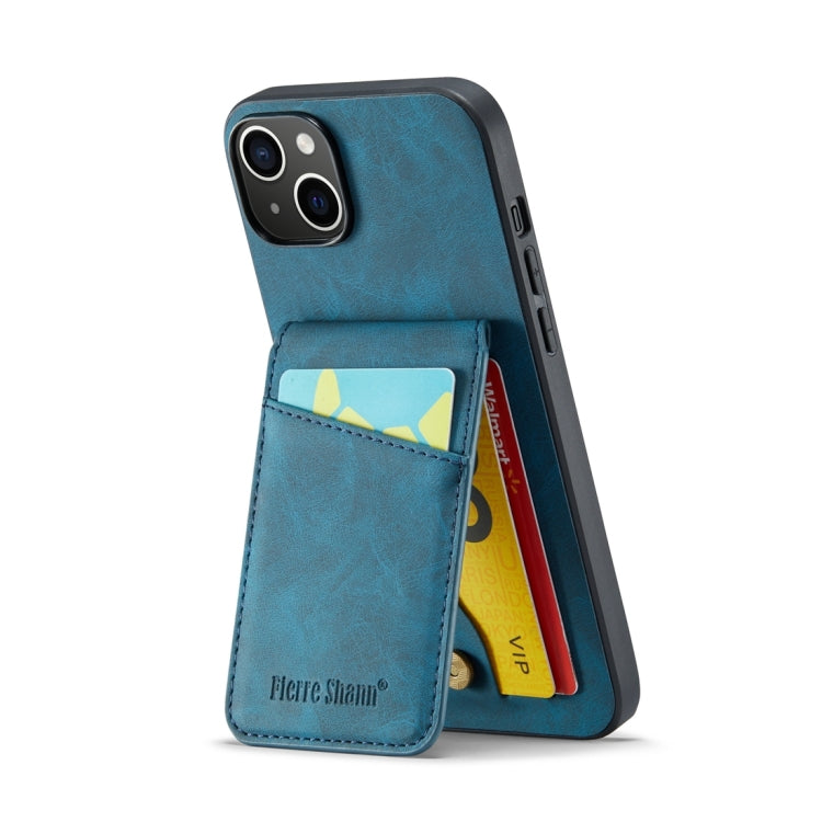 For iPhone 15 Plus Fierre Shann Crazy Horse Card Holder Back Cover PU Phone Case(Blue) by FIERRE SHANN