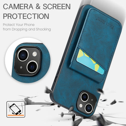For iPhone 15 Plus Fierre Shann Crazy Horse Card Holder Back Cover PU Phone Case(Blue) by FIERRE SHANN