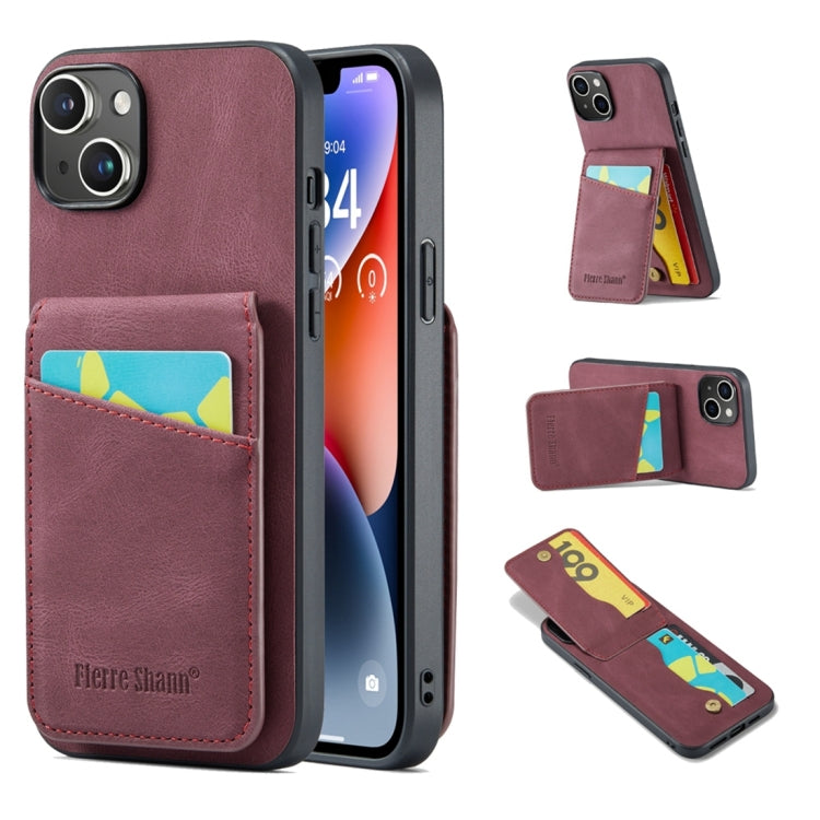 For iPhone 15 Fierre Shann Crazy Horse Card Holder Back Cover PU Phone Case(Wine Red) by FIERRE SHANN