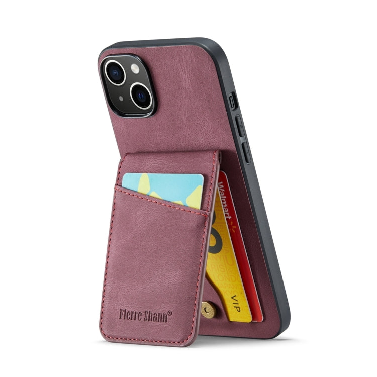 For iPhone 15 Fierre Shann Crazy Horse Card Holder Back Cover PU Phone Case(Wine Red) by FIERRE SHANN