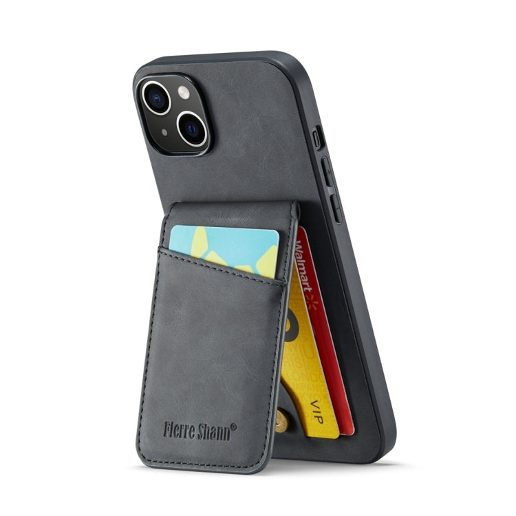For iPhone 15 Fierre Shann Crazy Horse Card Holder Back Cover PU Phone Case(Black) by FIERRE SHANN