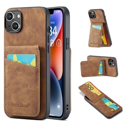 For iPhone 15 Fierre Shann Crazy Horse Card Holder Back Cover PU Phone Case(Brown) by FIERRE SHANN