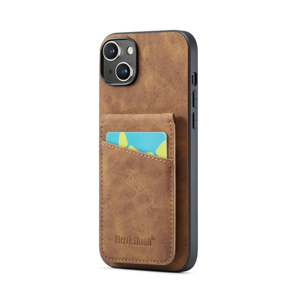 For iPhone 15 Fierre Shann Crazy Horse Card Holder Back Cover PU Phone Case(Brown) by FIERRE SHANN