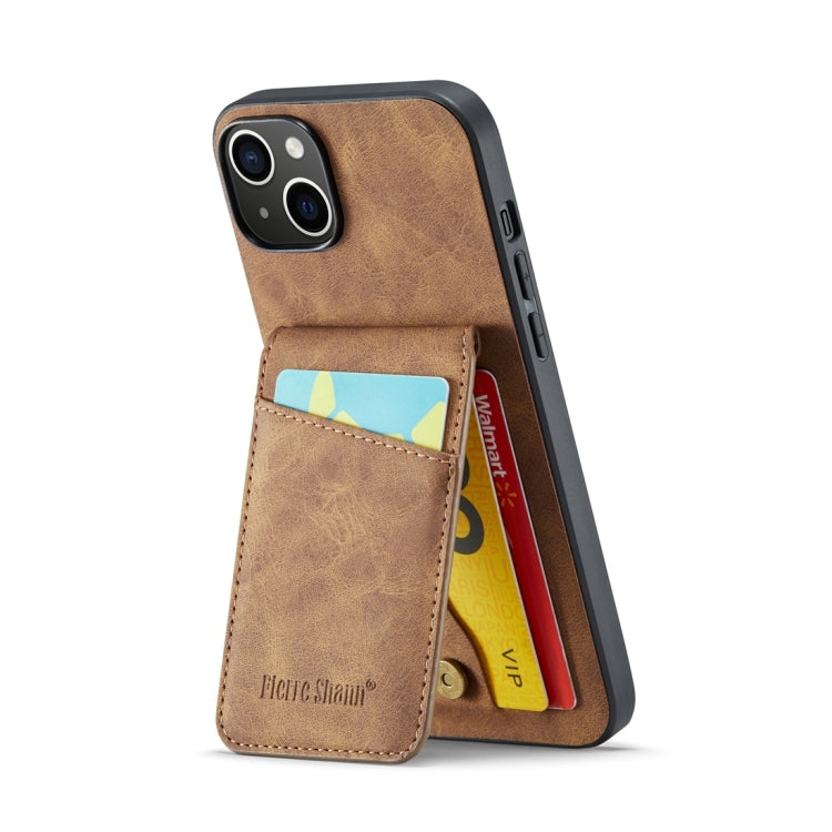 For iPhone 15 Fierre Shann Crazy Horse Card Holder Back Cover PU Phone Case(Brown) by FIERRE SHANN