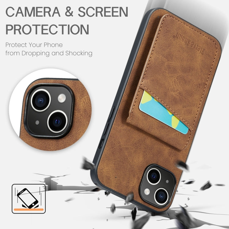 For iPhone 15 Fierre Shann Crazy Horse Card Holder Back Cover PU Phone Case(Brown) by FIERRE SHANN