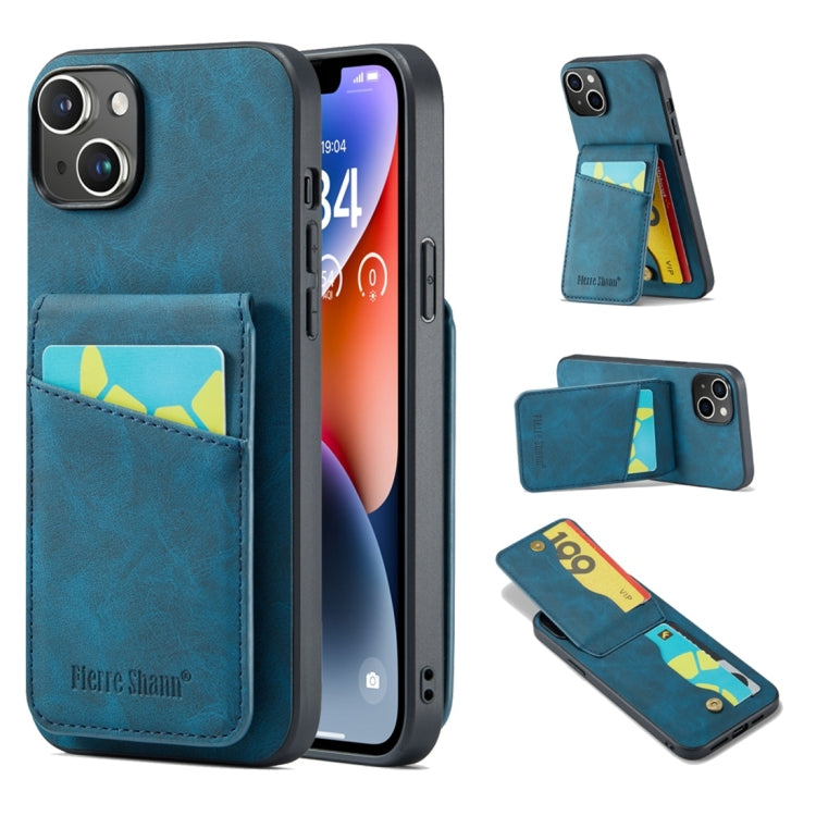 For iPhone 15 Fierre Shann Crazy Horse Card Holder Back Cover PU Phone Case(Blue) by FIERRE SHANN