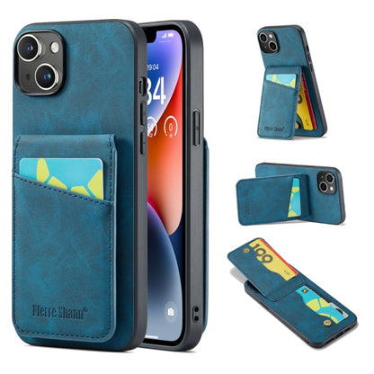 For iPhone 15 Fierre Shann Crazy Horse Card Holder Back Cover PU Phone Case(Blue) by FIERRE SHANN