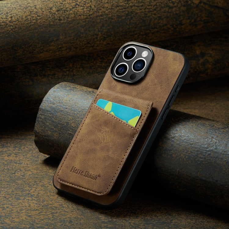 For iPhone 16 Pro Max Fierre Shann Crazy Horse Card Holder Back Cover PU Phone Case(Brown) by FIERRE SHANN