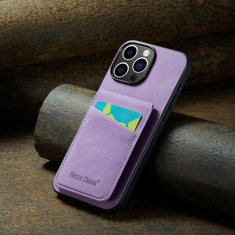 For iPhone 16 Pro Max Fierre Shann Crazy Horse Card Holder Back Cover PU Phone Case(Purple) by FIERRE SHANN