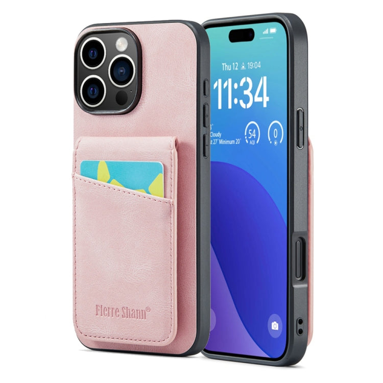 For iPhone 16 Pro Fierre Shann Crazy Horse Card Holder Back Cover PU Phone Case(Pink) by FIERRE SHANN