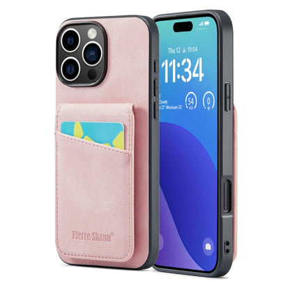 For iPhone 16 Pro Fierre Shann Crazy Horse Card Holder Back Cover PU Phone Case(Pink) by FIERRE SHANN
