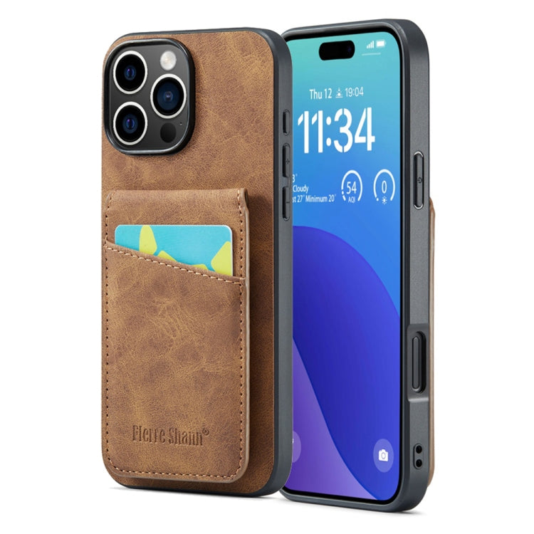 For iPhone 16 Pro Fierre Shann Crazy Horse Card Holder Back Cover PU Phone Case(Brown) by FIERRE SHANN