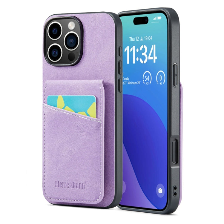 For iPhone 16 Pro Fierre Shann Crazy Horse Card Holder Back Cover PU Phone Case(Purple) by FIERRE SHANN