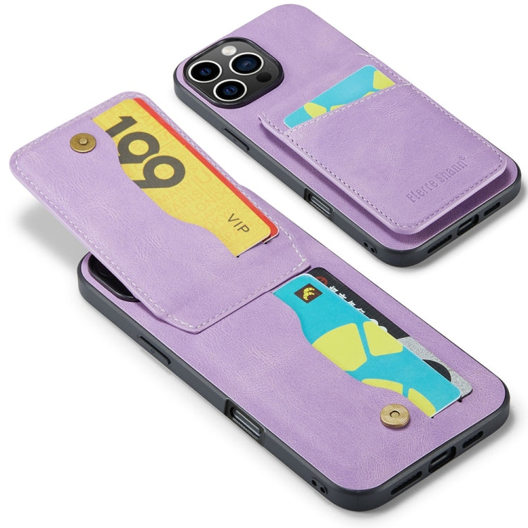 For iPhone 16 Pro Fierre Shann Crazy Horse Card Holder Back Cover PU Phone Case(Purple) by FIERRE SHANN