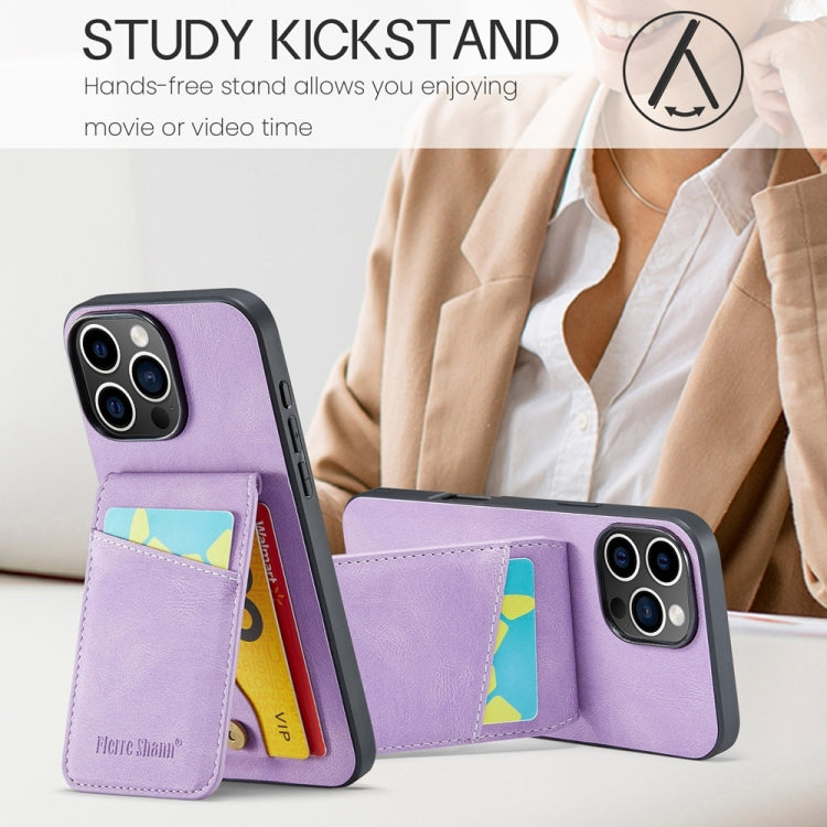 For iPhone 16 Pro Fierre Shann Crazy Horse Card Holder Back Cover PU Phone Case(Purple) by FIERRE SHANN