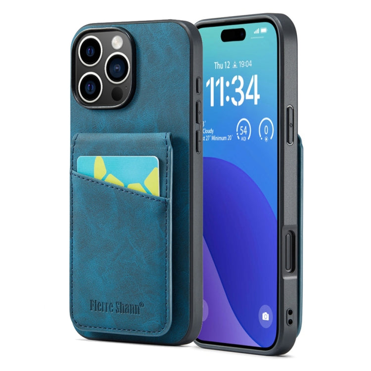 For iPhone 16 Pro Fierre Shann Crazy Horse Card Holder Back Cover PU Phone Case(Blue) by FIERRE SHANN