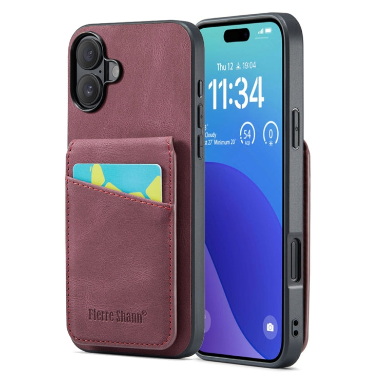 For iPhone 16 Plus Fierre Shann Crazy Horse Card Holder Back Cover PU Phone Case(Wine Red) by FIERRE SHANN