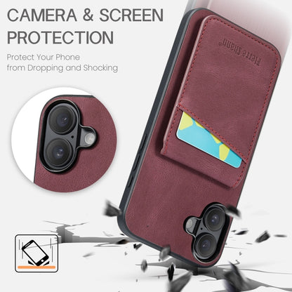 For iPhone 16 Plus Fierre Shann Crazy Horse Card Holder Back Cover PU Phone Case(Wine Red) by FIERRE SHANN