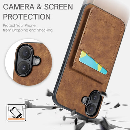 For iPhone 16 Plus Fierre Shann Crazy Horse Card Holder Back Cover PU Phone Case(Brown) by FIERRE SHANN