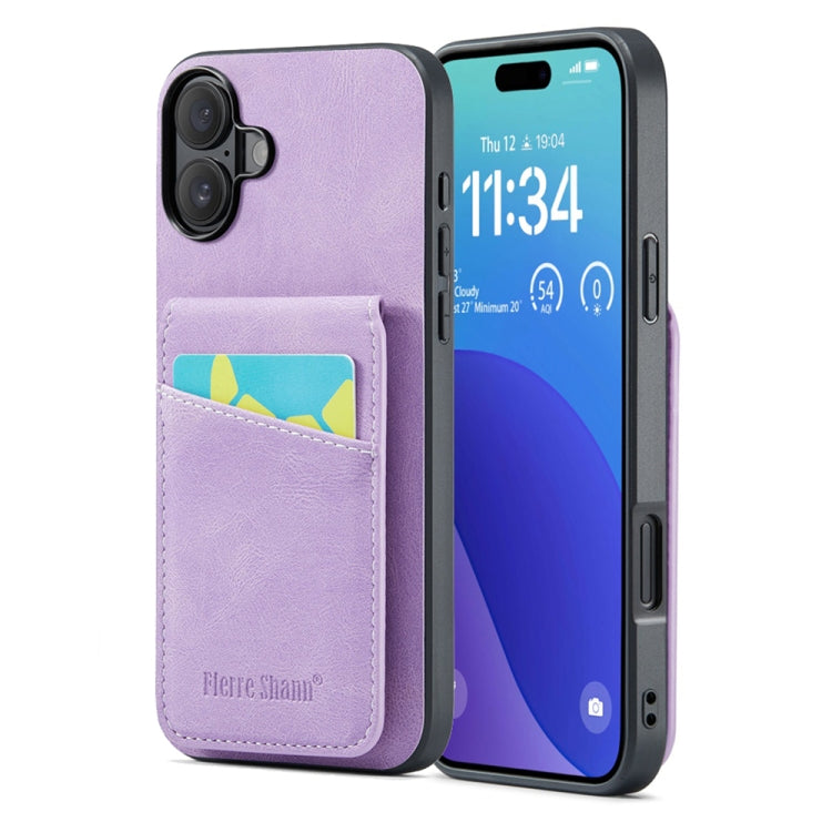 For iPhone 16 Plus Fierre Shann Crazy Horse Card Holder Back Cover PU Phone Case(Purple) by FIERRE SHANN