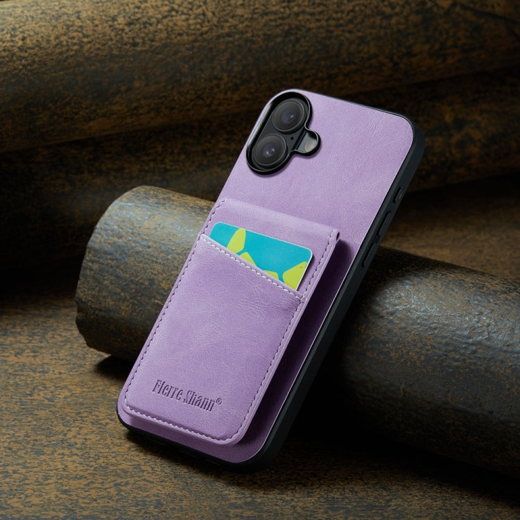For iPhone 16 Plus Fierre Shann Crazy Horse Card Holder Back Cover PU Phone Case(Purple) by FIERRE SHANN