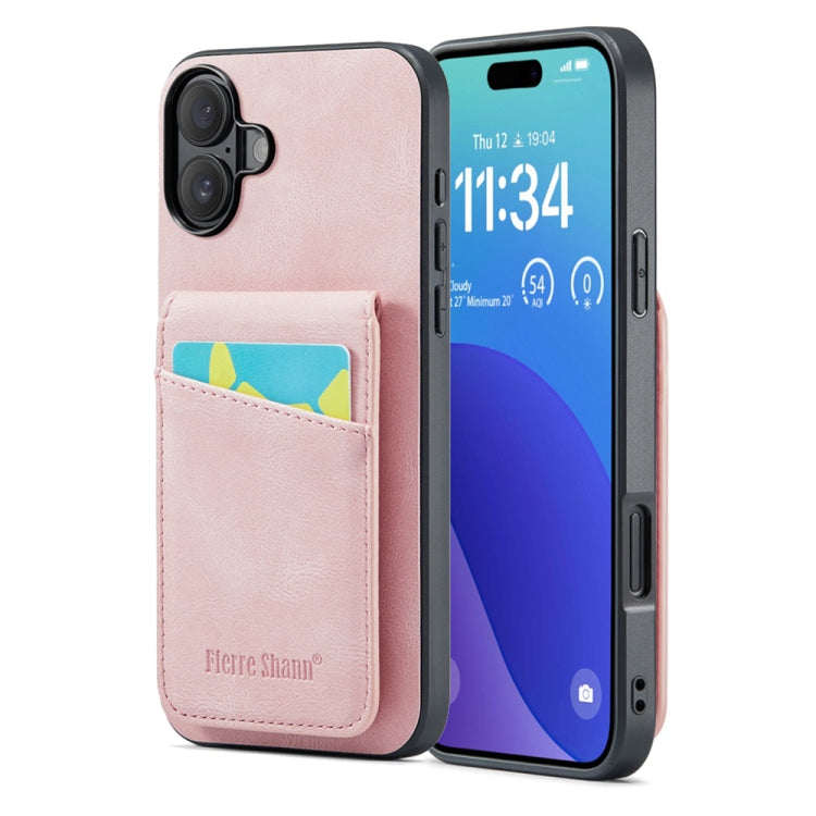 For iPhone 16 Fierre Shann Crazy Horse Card Holder Back Cover PU Phone Case(Pink) by FIERRE SHANN