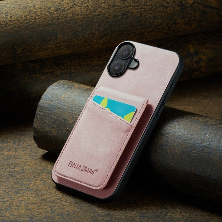 For iPhone 16 Fierre Shann Crazy Horse Card Holder Back Cover PU Phone Case(Pink) by FIERRE SHANN