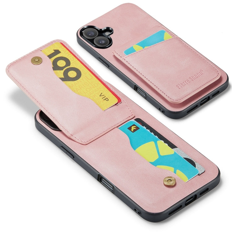 For iPhone 16 Fierre Shann Crazy Horse Card Holder Back Cover PU Phone Case(Pink) by FIERRE SHANN