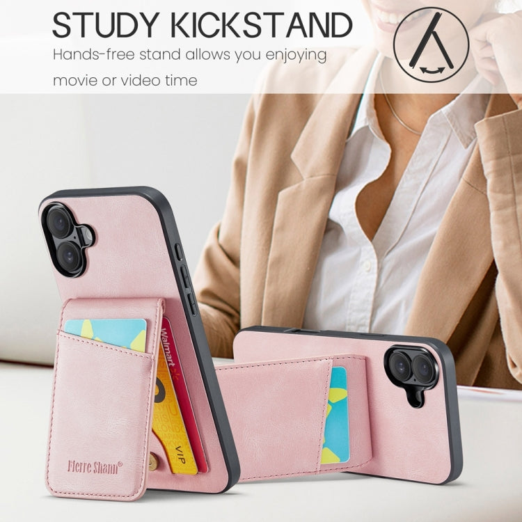 For iPhone 16 Fierre Shann Crazy Horse Card Holder Back Cover PU Phone Case(Pink) by FIERRE SHANN