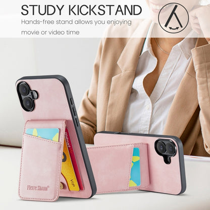 For iPhone 16 Fierre Shann Crazy Horse Card Holder Back Cover PU Phone Case(Pink) by FIERRE SHANN