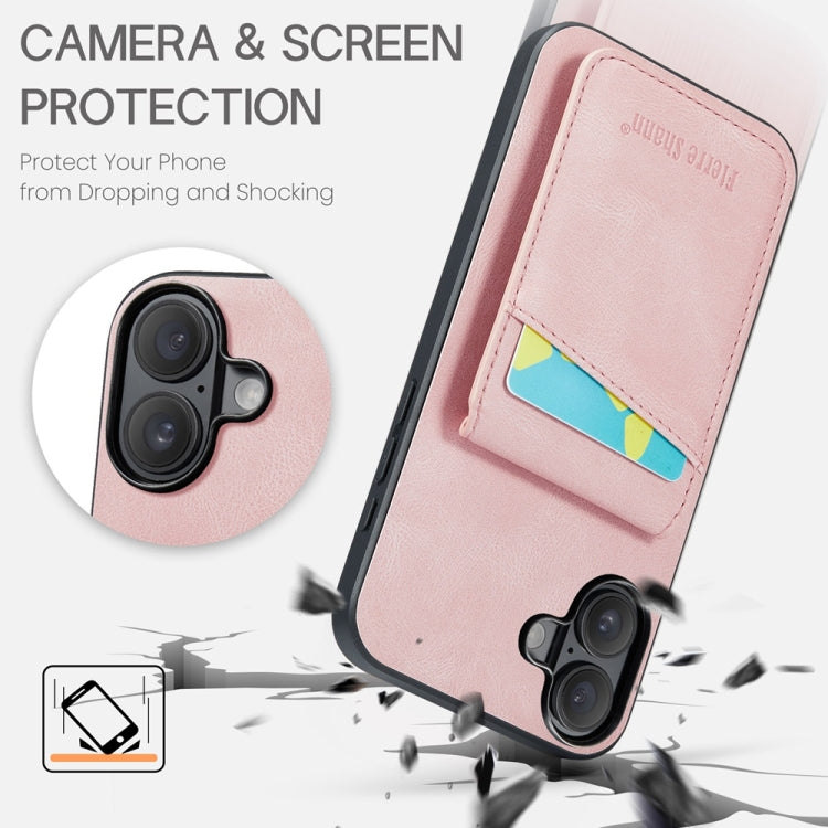 For iPhone 16 Fierre Shann Crazy Horse Card Holder Back Cover PU Phone Case(Pink) by FIERRE SHANN