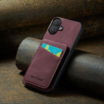 For iPhone 16 Fierre Shann Crazy Horse Card Holder Back Cover PU Phone Case(Wine Red) by FIERRE SHANN