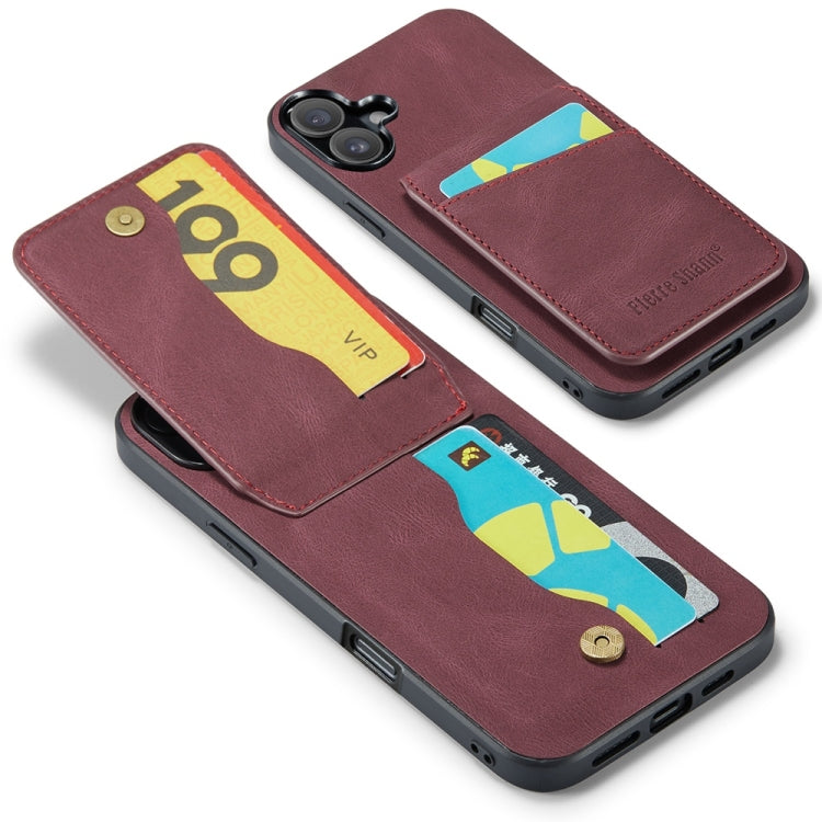 For iPhone 16 Fierre Shann Crazy Horse Card Holder Back Cover PU Phone Case(Wine Red) by FIERRE SHANN